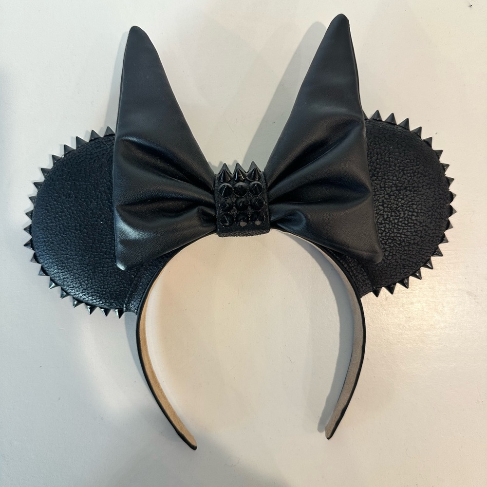 Punk Studded Mouse Ears Headband with Extra Large Black Leather Villain Bow - Picture 3 of 4